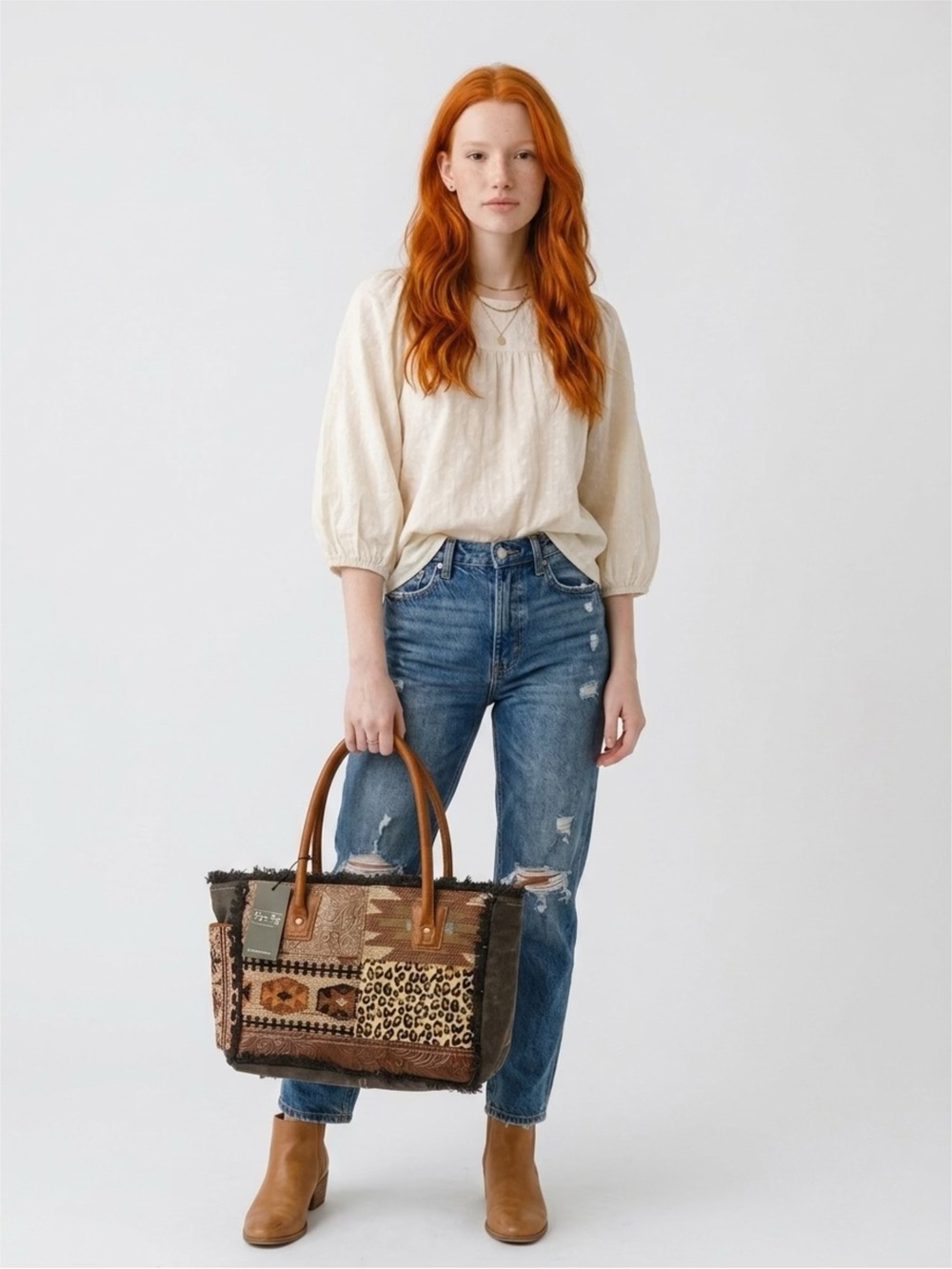 Myra Bag Brown Leather-Trim Patchwork Tote with Leopard Print